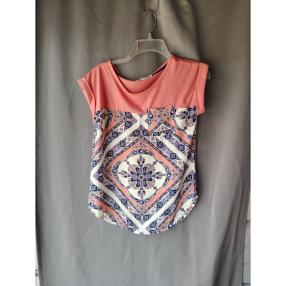 Jolt‎ Womens Small Coral Pink Boho Tile Print Cuffed Cap Sleeve Pocket Top Shirt